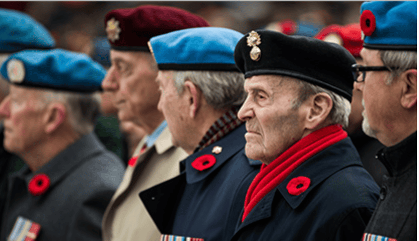Canadian Veteran wearing a poppy while at a Remembrance Day ceremony.